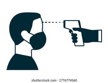 Check Control Body Temperature. Hand With Gloves Holding Distant Scanning Thermometer. Man With Protective Respiratory Mask On Face. Coronavirus Prevention. Vector Illustration On White Background