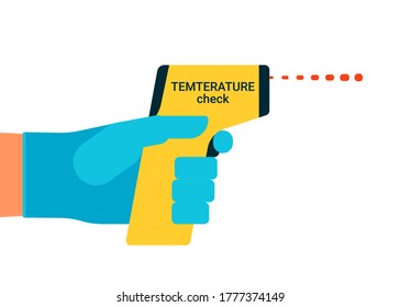 Compruebe la temperatura del cuerpo del control. Mano con guantes sosteniendo termómetro distante. Prevención del coronavirus. Ilustración plana vectorial sobre fondo blanco