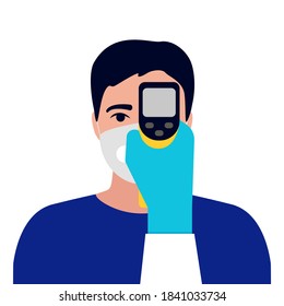 Check control body temperature. Hand with gloves holding distant thermometer. Man with protective respiratory mask on face. Coronavirus prevention. Vector flat illustration on white background