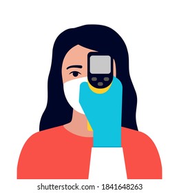 Check control body temperature. Hand with gloves holding distant thermometer. Woman with protective respiratory mask on face. Coronavirus prevention. Vector flat illustration on white background
