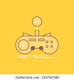 Check, controller, game, gamepad, gaming Flat Line Filled Icon. Beautiful Logo button over yellow background for UI and UX, website or mobile application