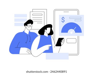 Check credit score isolated cartoon vector illustrations. Young couple checking their credit score using smartphone together, modern technology, small business loan, banking app vector cartoon.