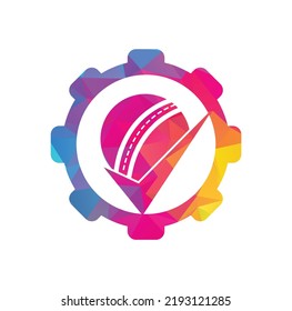 Check Cricket gear shape concept vector logo design. Cricket ball and tick icon logo.	