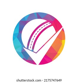 Comprobar el diseño del logo del vector del críquet. Logo del icono de la bola de cricket y las garrapatas.