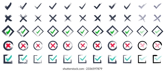 Check and cross brush icon collection. Set of green tick and red cross with frame
