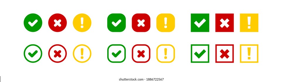 Check cross and exclamation mark  big set vector icon. Red green and yellow isolated square and circle, illustration in flat style