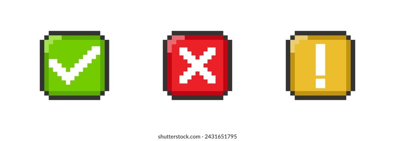 Icono de marca de verificación, cruz y exclamación en estilo de píxel. Botón cuadrado de 8 bits. Vector