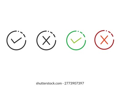 Check and cross icon set for approval validation and interface vector use.