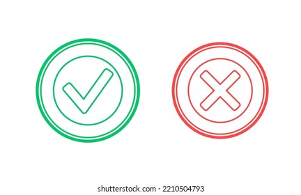 Check and cross icons. Approve and reject mark pictograms. Correct sign, green yes and red no symbol. Success or fail test. Confirm and delete button web element of interface flat vector illustration.