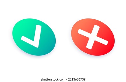 Check and cross icons. Approve and reject mark pictograms. Correct sign, green yes and red no symbol. Success or fail test. Confirm and delete button web element of interface flat vector illustration.