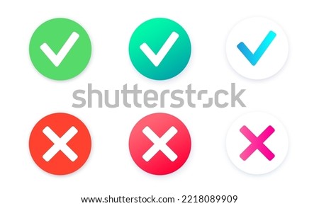 Check and cross icons. Approve and reject mark pictograms. Correct sign, green yes and red no symbol. Success or fail test. Confirm and delete button web element of interface flat vector illustration.