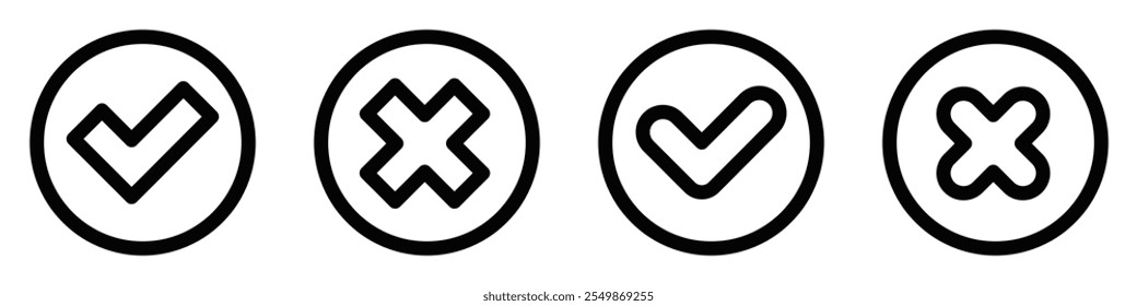Ícones de verificação e cruz em um círculo. Traçado editável.