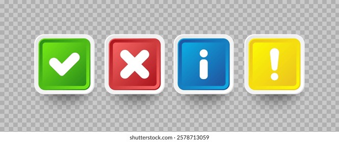 Check and cross icons, exclamation mark and information icon. Yes and no symbols or buttons. Vector illustration for user interface or infographics