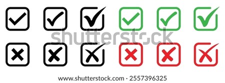 Check and cross icons inside square boxes in outline, solid and colored styles, ideal for UI menus, forms, lists, alerts, confirmation tools, selection options and status indicators.