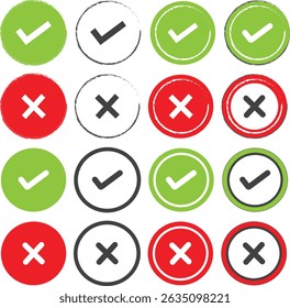 Check and Cross Icons Set Red Green Black Circular Tick and Wrong Symbols for Web UI and Design Use