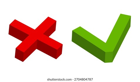 Symbole markieren und kreuzen. Vektor 3D-Clipart einzeln auf weißem Hintergrund.