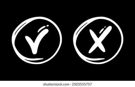 Check and cross mark in circle form. Hand drawn doodle sketch sign. Checkbox for vote, yes, no drawn concept. Cross mark with box