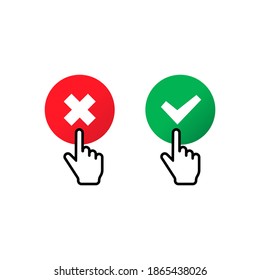 Check and cross mark with hand cursor icon. Approve or deny concept. For apps and websites. Vector EPS 10. Isolated on white background