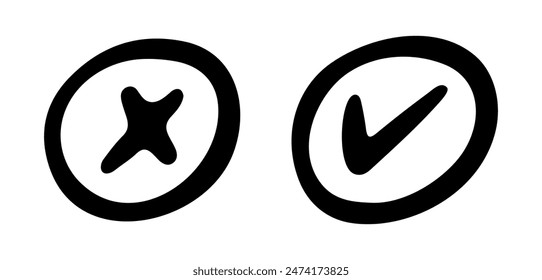 Check and cross mark. Hand drawn doodle sketch sign. Checkbox for vote, yes, no drawn concept. Cross mark with box, circle element