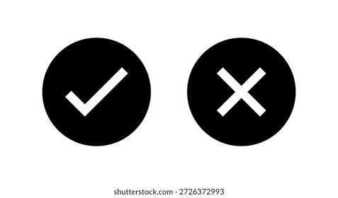 Check and cross mark icon in black circle. Tick and x symbol. Checkmark and close sign