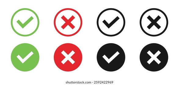 Check and cross mark icon buttons set.  Tick and Cross mark icons. Green and red checkmark sign. Tick and X mark vector icons in white background.