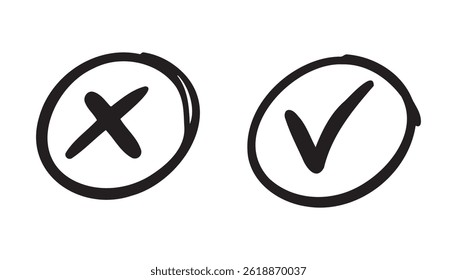 Check and cross mark icon doodle hand drawn. Checkbox for vote, yes and no concept. Cross mark in circle element. Vector illustration