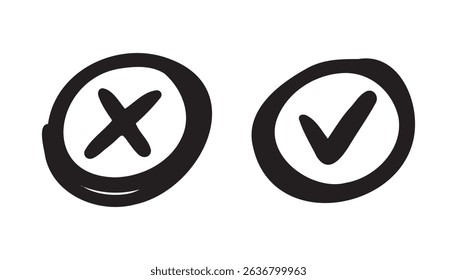 Check and cross mark icon doodle hand drawn. Checkbox for vote, yes and no concept. Cross mark in circle element. Vector illustration
