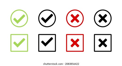 Check and cross mark icon set. Right and wrong, yes and no sign. Vector EPS 10. Isolated on white background.