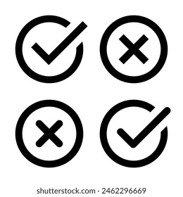 Conjunto de iconos de comprobación y marcas cruzadas. Marca de verificación y símbolo x