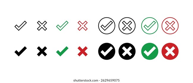 Check and cross mark icon set in color and outline style for interface or decision feedback vector illustration.
