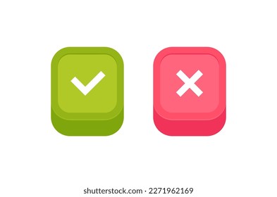 Check and cross mark icons on 3d colorful buttons. Design concept for web and mobile apps. Yes or no, do's or don'ts. Vector Illustration.