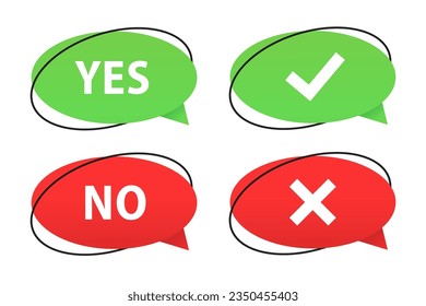 Check and cross mark icons on 3d messages bubble. Design concept for web and mobile apps. Yes or no buttons. Green tick and red cross. Vector illustration