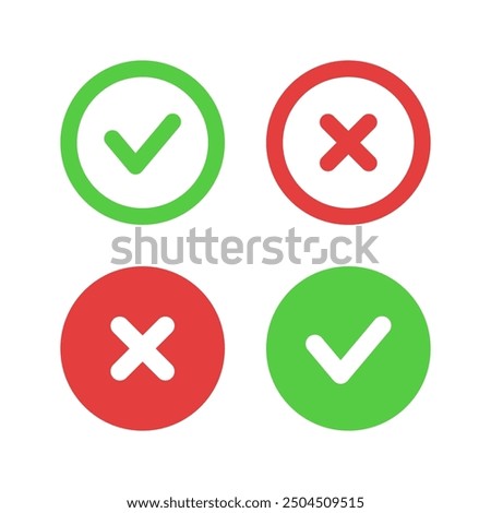 Check and cross mark icons. Red and green circle tick symbol. Yes and No sign. Checkmark vector illustration. Correct and wrong rounded web buttons isolated concept.