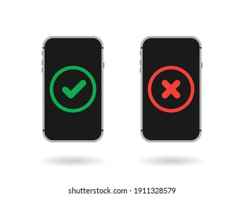 Marcar y marcar en la pantalla del smartphone. Smartphones con marcas de verificación y juego cruzado. Botones en pantalla: Sí-No, Aprobado-Desaprobado, Aceptado-Rechazado, Correcto-Equivocado, Correcto-Falso, Verde-Rojo, Ok-No Ok