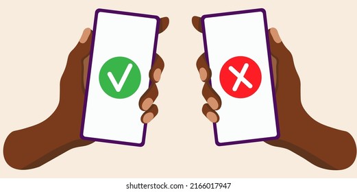 Marcar y marcar en la pantalla del smartphone. Mano negra sosteniendo un teléfono inteligente. Ilustración moderna de diseño plano