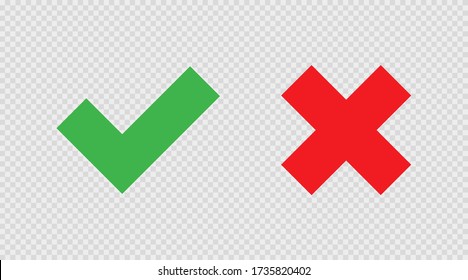 Check and cross mark on transparent background. Icon in flat style, isolated vector illustration