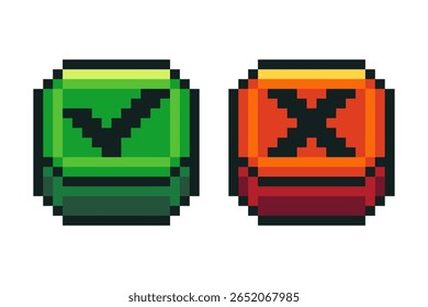 Check cross mark pixel buttons. Interface menu for retro video game, 8 bit sprite game app UI navigation panel icons, checklist box old school game symbols. Vector set.
