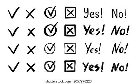 Check and cross mark set. Hand drawn doodle sketch style. Vote, yes, no drawn concept. Checkbox, cross mark with box, circle element. Vector illustration.