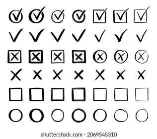 Check And Cross Mark Set. Hand Drawn Doodle Sketch Style. Vote, Yes, No Drawn Concept. Checkbox, Cross Mark With Box, Circle Element. Vector Illustration.