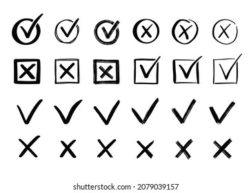 Check and cross mark set. Hand drawn doodle sketch style. Vote, yes, no drawn concept. Checkbox, cross mark with box, circle element. Vector illustration.