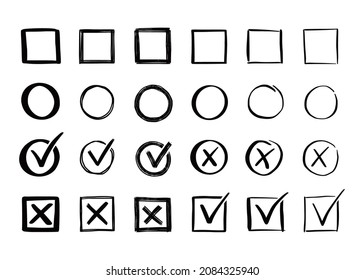 Check and cross mark set. Hand drawn doodle sketch style. Vote, yes, no drawn concept. Checkbox, cross mark with box, circle element. Vector illustration.