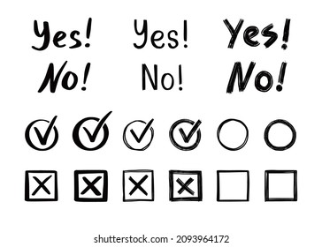 Check and cross mark set. Hand drawn doodle sketch style. Vote, yes, no drawn concept. Checkbox, cross mark with box, circle element. Vector illustration.