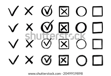 Check and cross mark set. Hand drawn doodle sketch style. Vote, yes, no drawn concept. Checkbox, cross mark with box, circle element. Vector illustration.