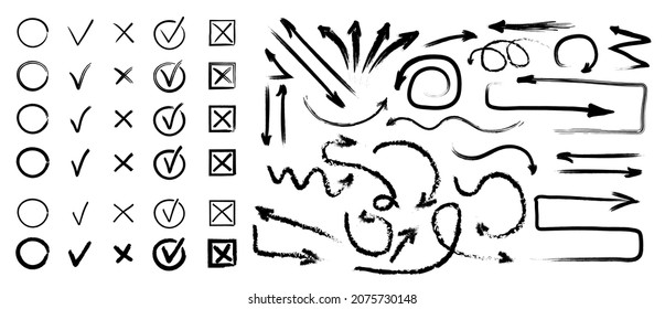 Check and cross mark vector set. Marker cross brush signs. Arrows drawing using digital brushes in grunge style. Black scribble directions and helix arrows for web design, mobile apps