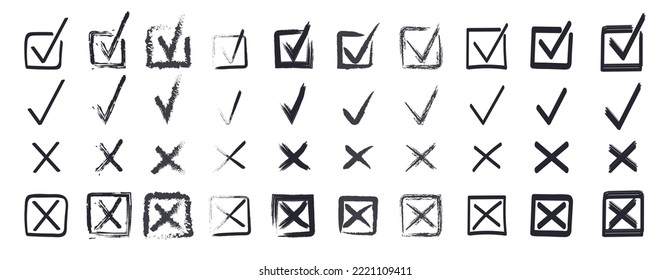 Check and cross mark vector set. Marker cross brush signs. OK and X icons in hand drawn style. Super check mark hand drawn. YES and NO button. Doodle, sketch checkbox symbols, vote icon. 