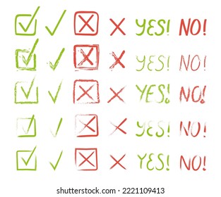 Check and cross mark vector set. Marker cross brush signs. OK and X icons in hand drawn style. Super check mark hand drawn. YES and NO button. Doodle, sketch checkbox symbols, vote icon. 