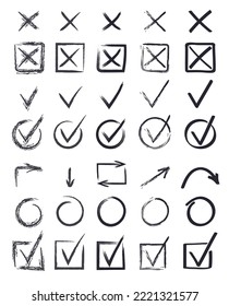 Check and cross mark vector set. Marker cross brush signs. OK and X icons in hand drawn style. YES and NO button. Doodle, sketch checkbox symbols, vote icon.