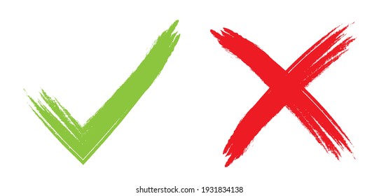 Check and cross marks. Green check mark and red cross, yes or no icon. Vector illustration isolated on white background. 