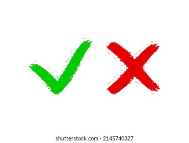 Markieren und kreuzen. Grünes Häkchen und rotes Kreuz, ja oder nein Symbol. Vektorgrafik einzeln auf weißem Hintergrund.