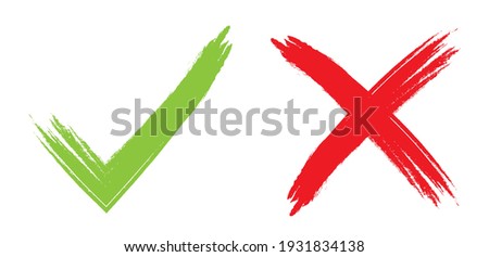 Check and cross marks. Green check mark and red cross, yes or no icon. Vector illustration isolated on white background. 